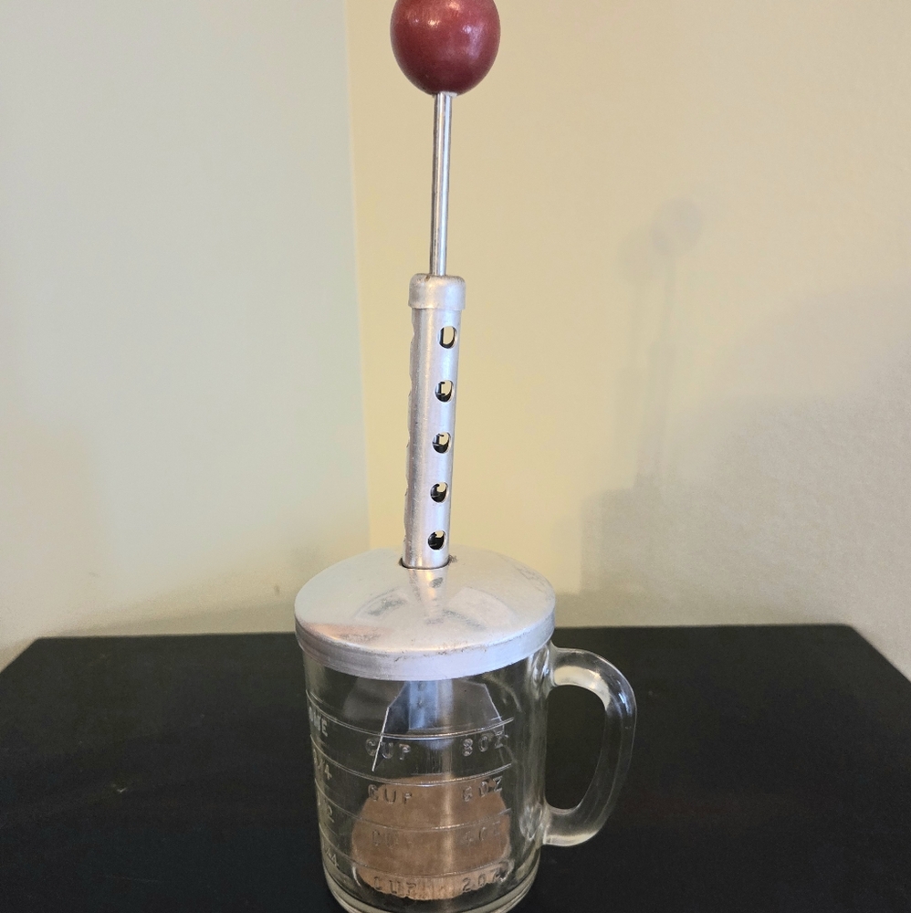 Vintage Hazel Atlas Glass Measuring Cup Nut Chopper Red Ball Handle + Wood Disk